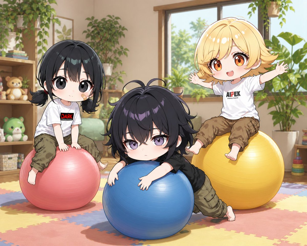 Chibi Kids Playing on Exercise Balls Qwen Image prompt example: This generates a warm anime chibi home scene with three children playing on colorful exercise balls, ideal for...