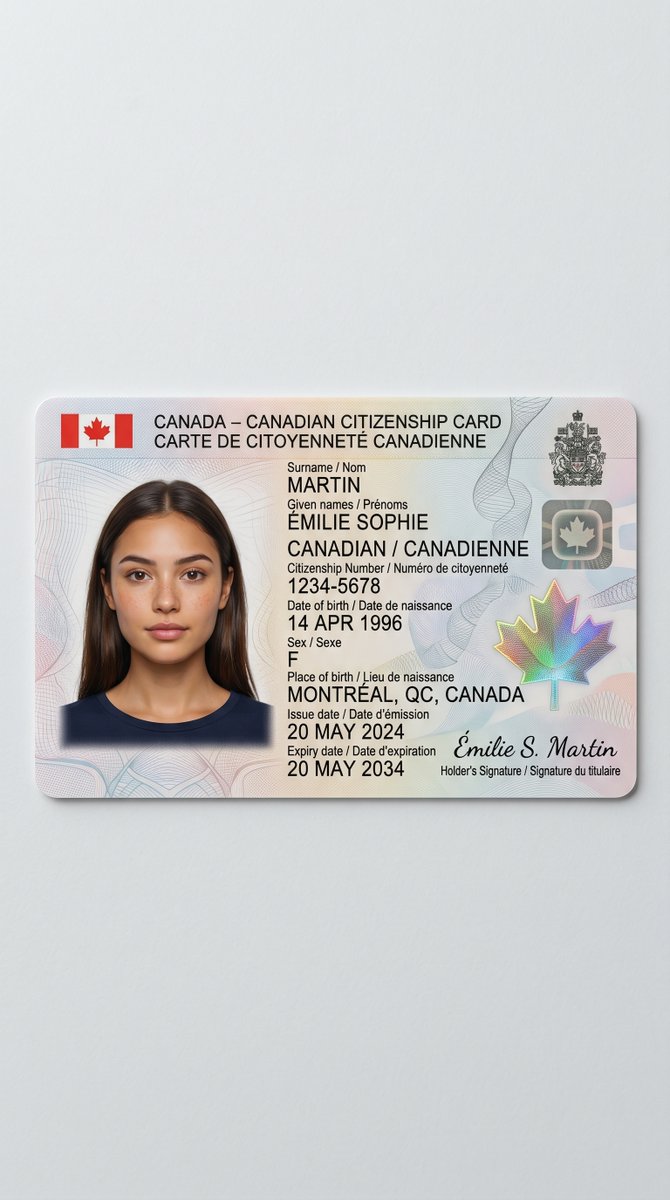 Realistic Canadian Citizenship Card GPT Image 2 prompt example: A realistic studio-style government ID card image useful for document mockups, identity design concepts, or...