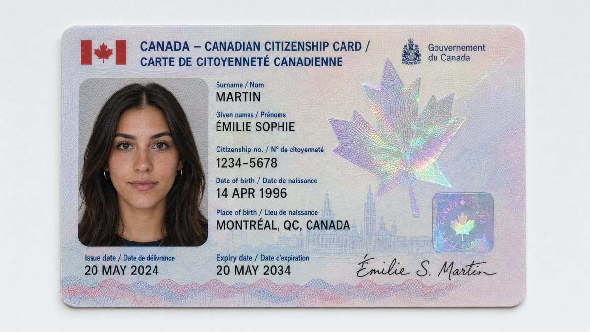 Realistic Canadian Citizenship Card GPT Image 2 prompt example variation 2: A realistic studio-style government ID card image useful for document mockups, identity design...