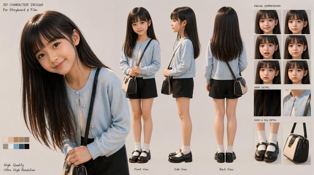 3D Schoolgirl Character Design Sheet GPT Image 2 prompt example: A polished 3D character turnaround sheet showing a young girl with expression studies, detail callouts, and...