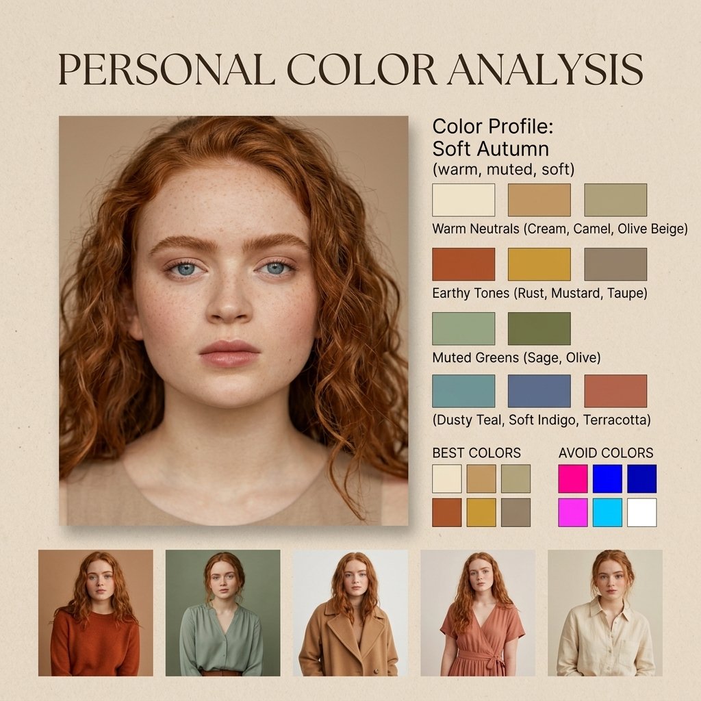 Soft Autumn Personal Color Board Qwen Image prompt example variation 2: A square editorial personal color analysis board featuring a soft autumn portrait, curated swatches,...