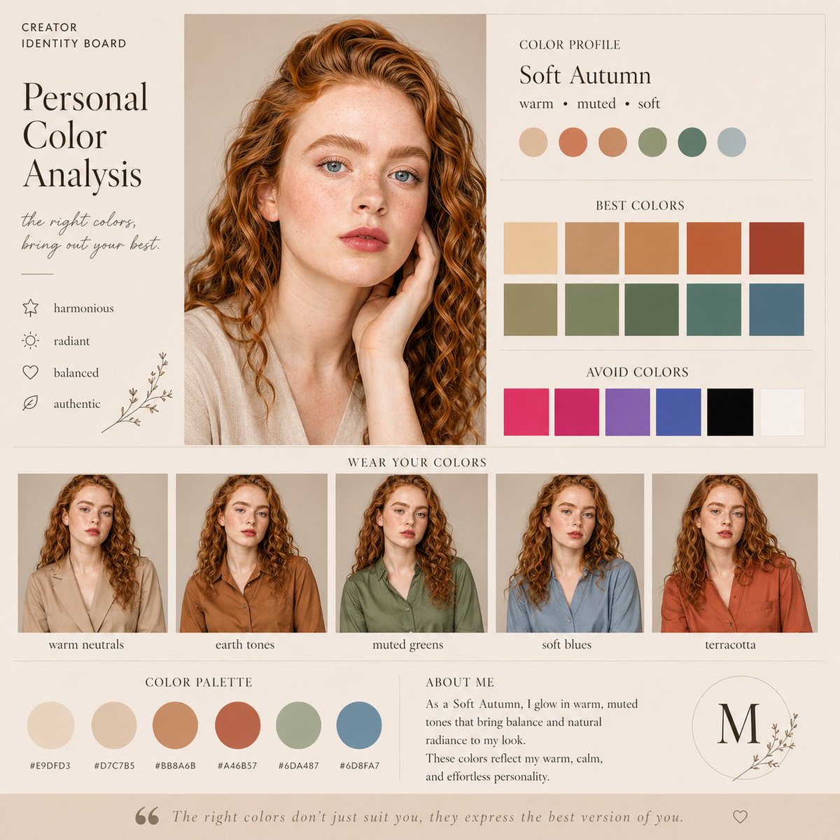 Soft Autumn Personal Color Board Qwen Image prompt example: A square editorial personal color analysis board featuring a soft autumn portrait, curated swatches, outfit examples,...