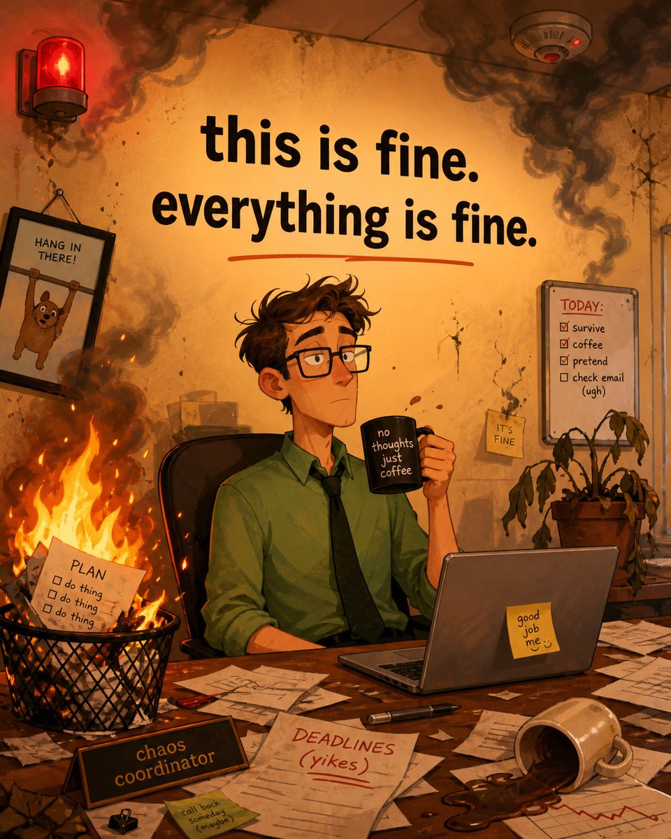 This Is Fine Office Meltdown Qwen Image prompt example: A humorous disaster-office illustration for burnout memes, satire, or corporate chaos themed artwork.