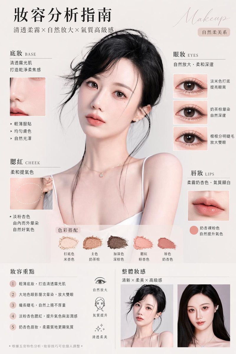 Luxury Makeup Analysis Poster Qwen Image 프롬프트 예시: A soft beige beauty infographic poster showing a central female portrait with labeled base, eyes, cheek, lips, color palette,...