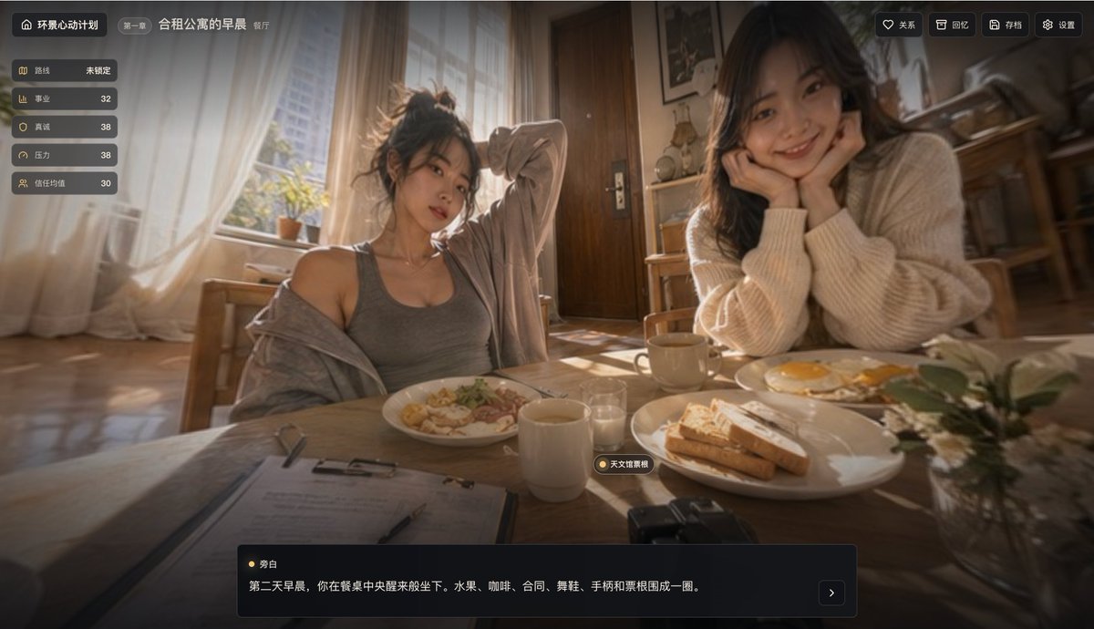 Cinematic Shared Apartment Breakfast UI GPT Image 2 prompt example: A realistic story-game scene of two women having breakfast in a sunlit apartment, designed for visual novel or...
