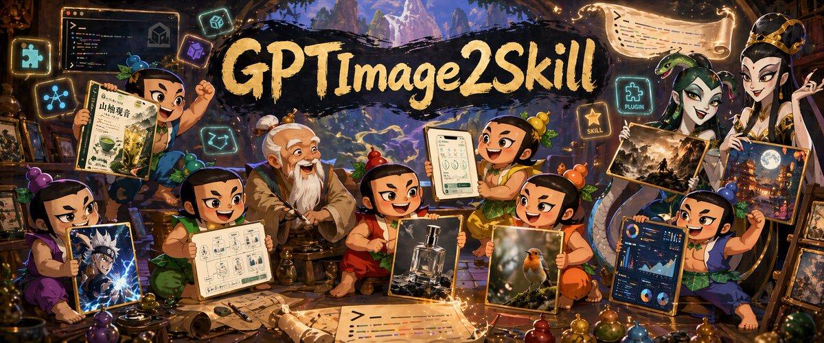 Fantasy GPTImage2 Skill Banner Qwen Image prompt example: A cinematic fantasy poster showing mythic chibi apprentices presenting eight kinds of AI-generated artwork around a...