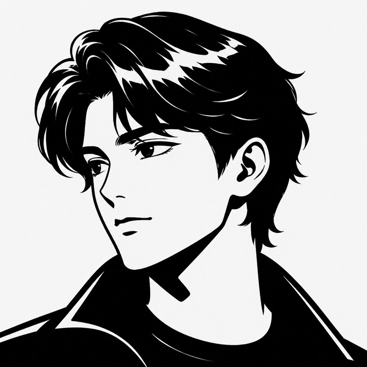 Minimalist Black White Male Silhouette Qwen Image prompt example: A clean monochrome vector-style portrait of a young man with tousled hair, ideal for logo art, avatar design, or...