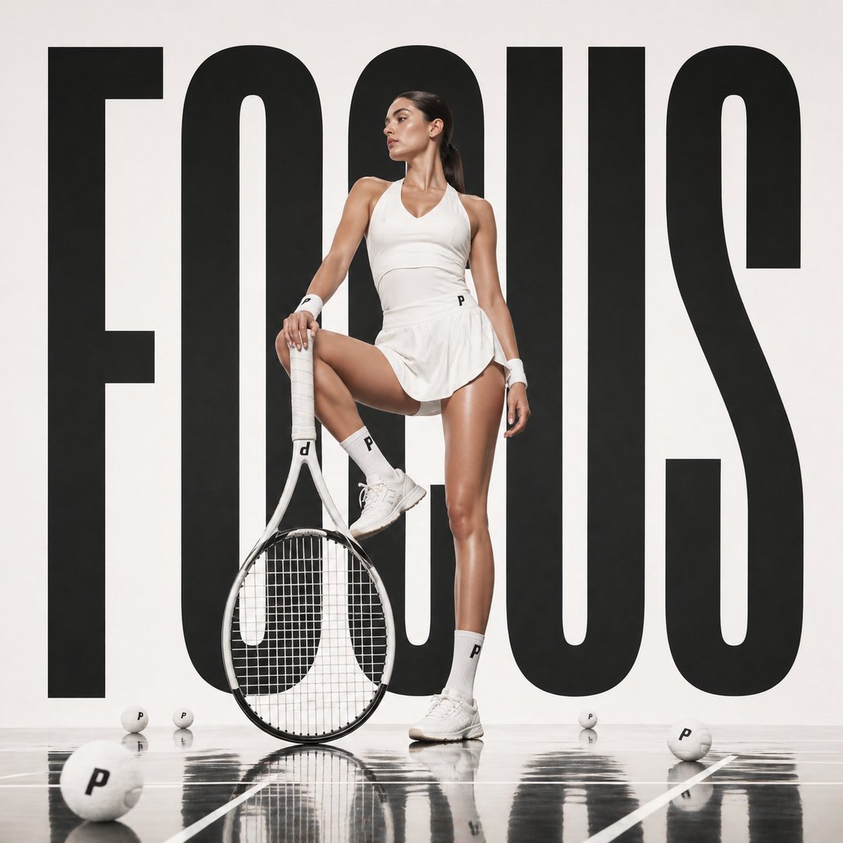 Bold Tennis Fashion Ad Qwen Image 프롬프트 예시: This generates a sleek editorial-style tennis campaign image with oversized typography, a poised athlete, and premium studio...