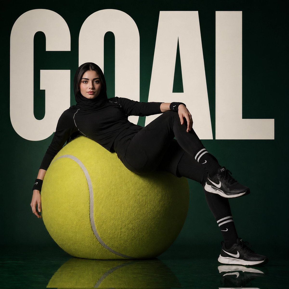 Athlete on Giant Tennis Ball 的 Qwen Image 提示词示例图：This generates a bold studio sports-fashion poster with a reclining athlete, oversized tennis ball prop, and giant motivational...