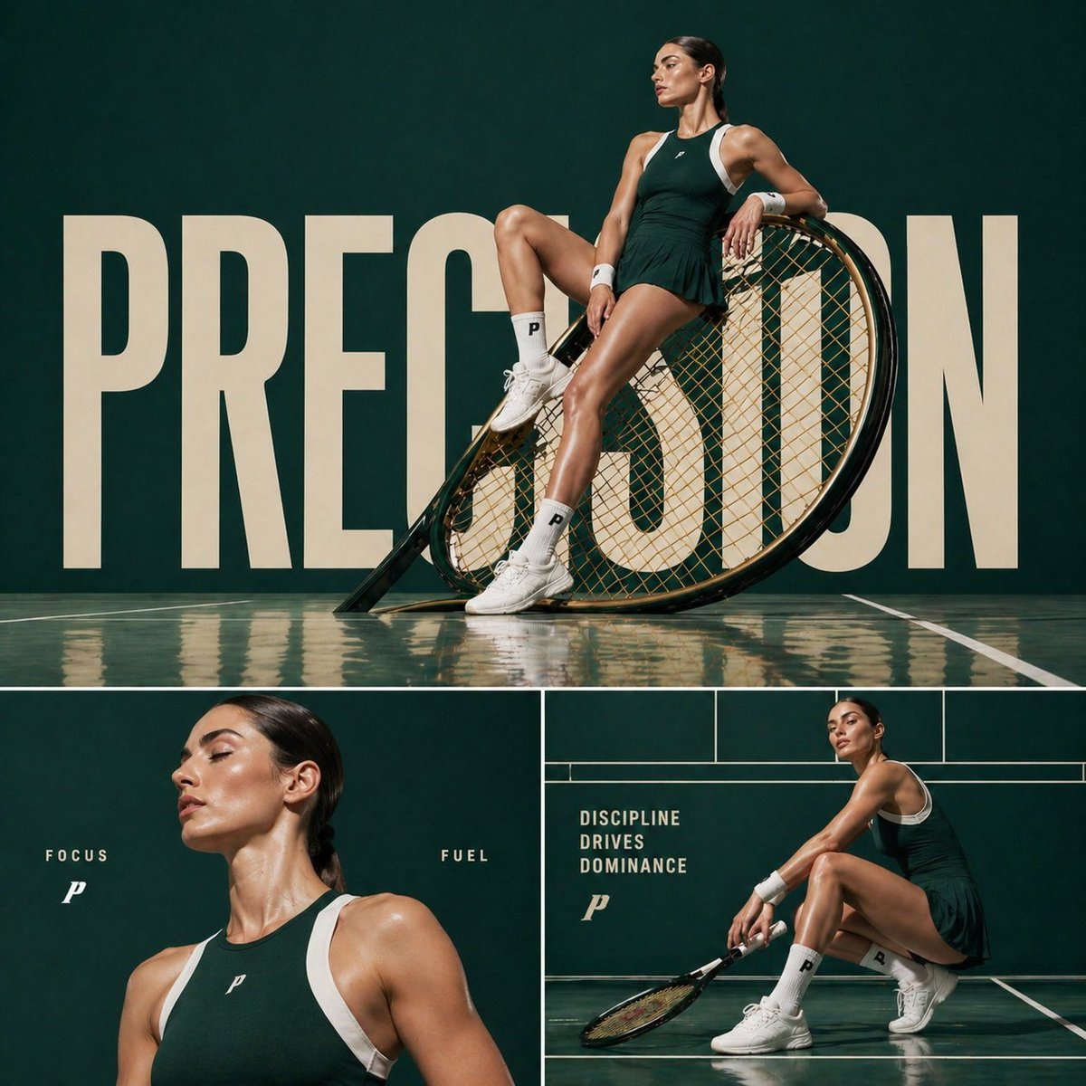 Luxury Tennis Editorial Poster Qwen Image 프롬프트 예시: A premium three-panel tennis fashion campaign poster with bold typography and cinematic athletic poses, ideal for sports...