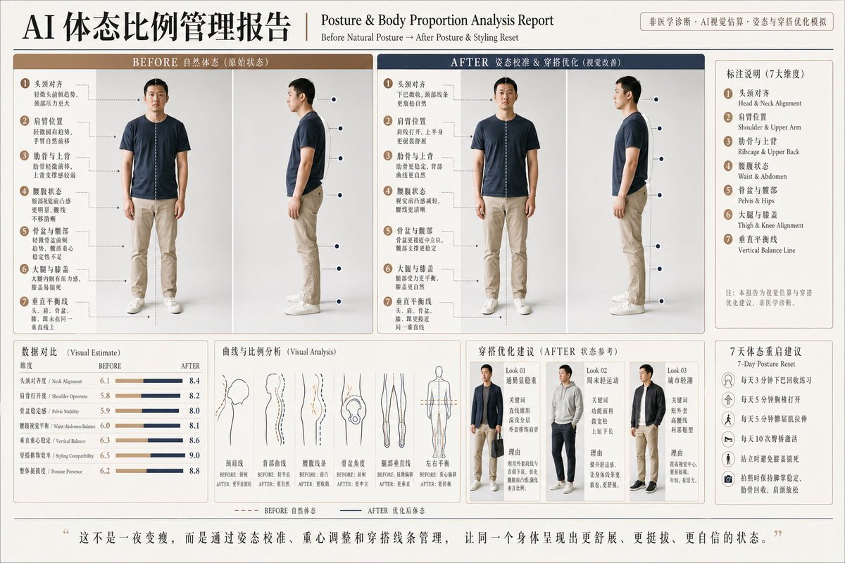 Posture Analysis Report Infographic のQwen Imageプロンプト例: A premium Chinese before-and-after posture correction report board for generating body alignment diagnostics, styling...