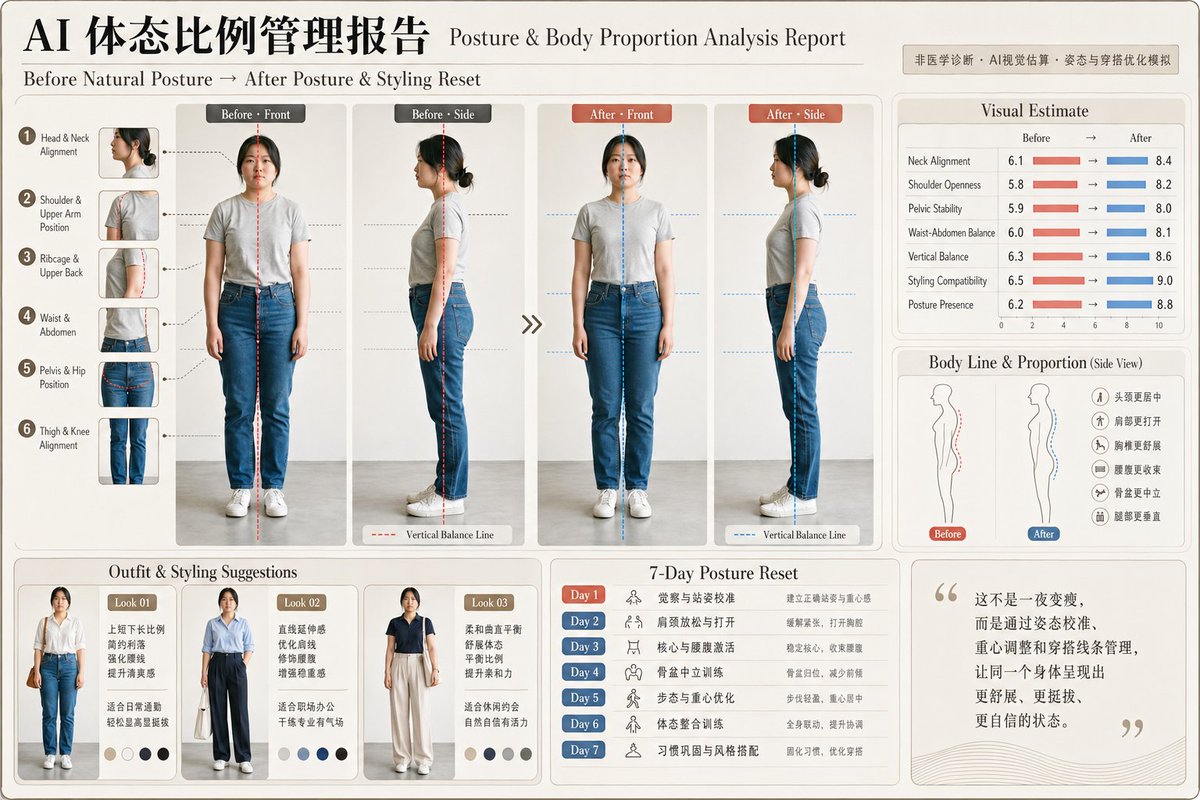 Posture Analysis Report Infographic のQwen Imageプロンプト例 バリエーション 2: A premium Chinese before-and-after posture correction report board for generating body alignment diagnostics,...