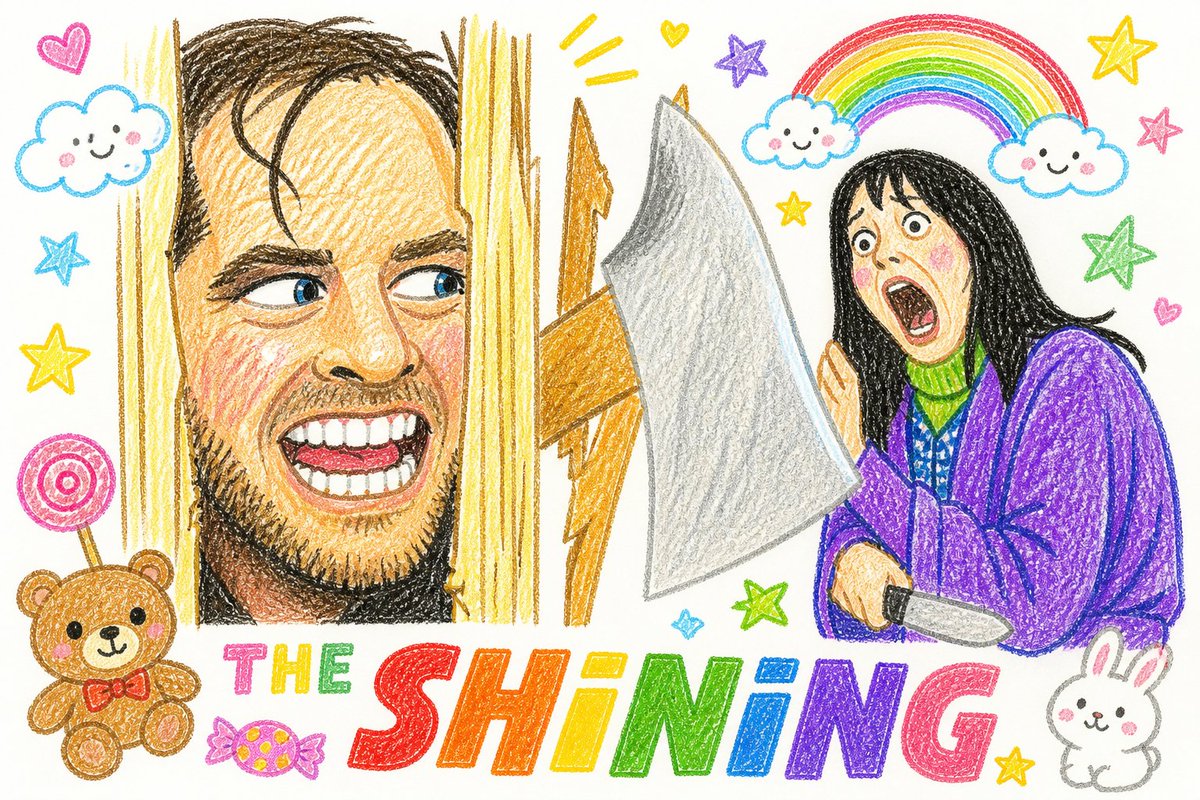Shining Poster as Kids Crayon Art Qwen Image 프롬프트 예시: This prompt transforms a horror poster reference into a colorful children's crayon illustration while keeping the original...
