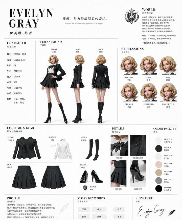 Elegant Academy Character Sheet Qwen Image 프롬프트 예시: A polished fashion-style anime reference sheet for an elite academy girl character, ideal for character design showcases and...