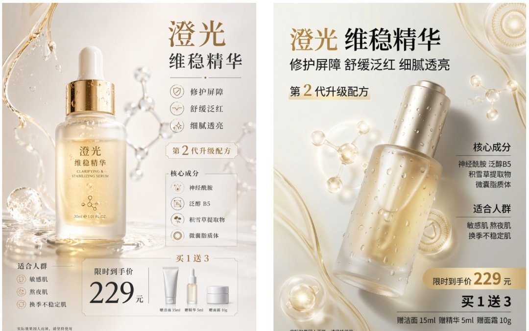 Luxury Serum Ad Poster Set GPT Image 2 prompt example: A premium two-variant Chinese skincare poster template for advertising a serum product with benefits, ingredients, pricing,...