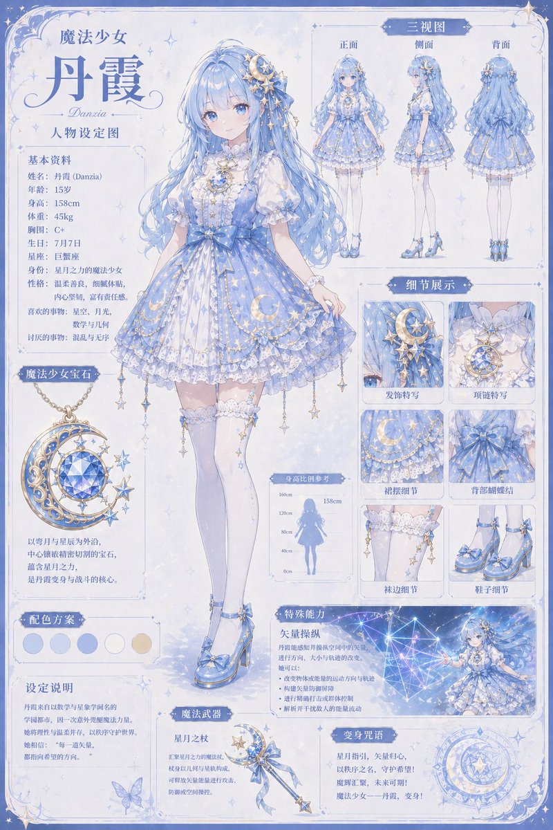 Celestial Magical Girl Reference Sheet 的 Qwen Image 提示词示例图:A polished anime character design sheet for a blue celestial magical girl, ideal for generating full setting art,...