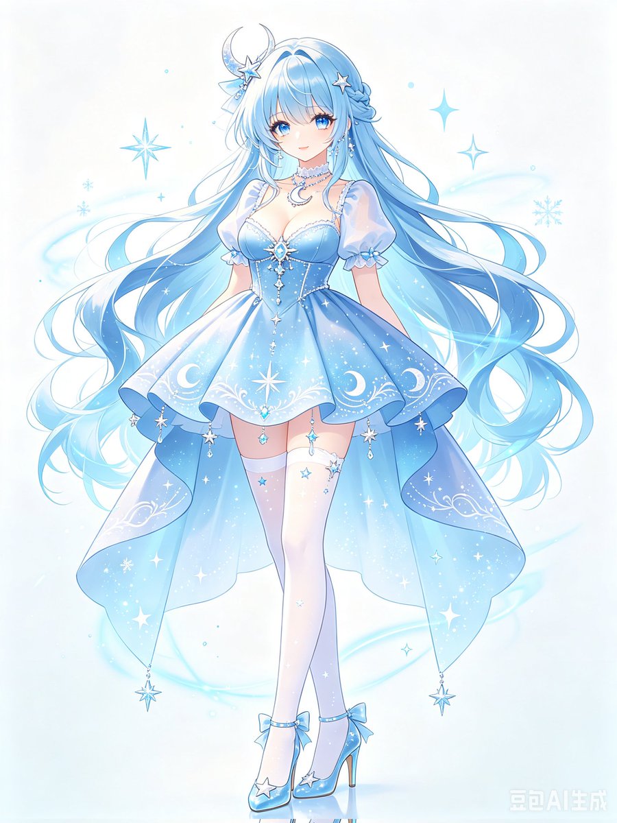 Celestial Blue Anime Princess Qwen Image prompt example: A polished full-body anime character illustration of a celestial blue princess in a moon-and-stars fantasy dress, ideal...