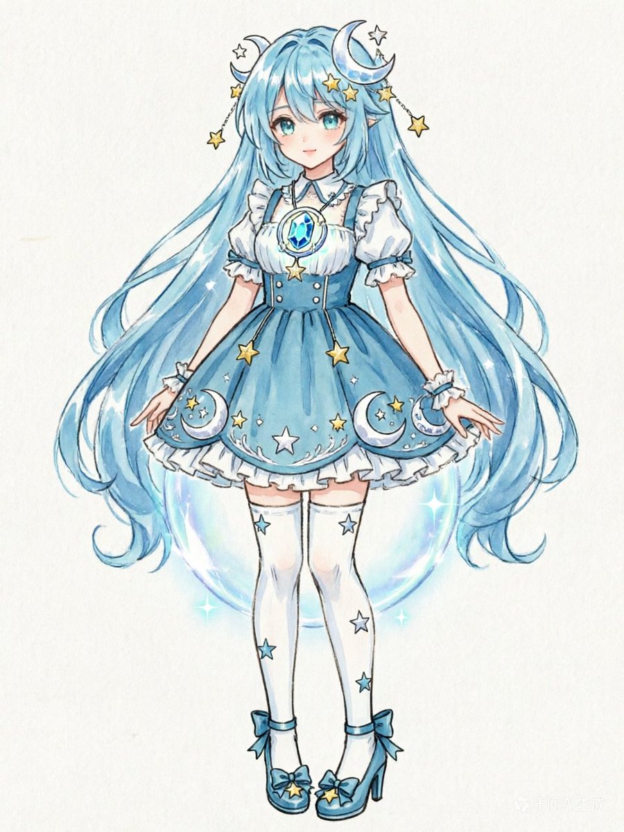 Blue Celestial Anime Girl Design GPT Image 2 prompt example: A full-body anime character illustration of a moon-and-stars themed blue-haired fantasy girl, suitable for character...