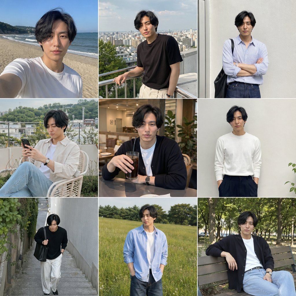 9-Photo Men's Fashion Collage Qwen Image prompt example: This prompt turns one portrait reference into a cohesive nine-image lifestyle fashion collage for social media app-style...