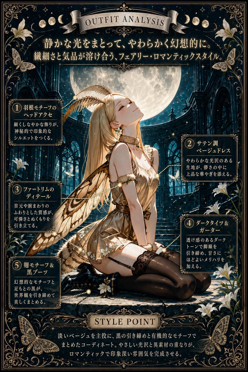 Moonlit Fairy Outfit Analysis Poster のQwen Imageプロンプト例: A richly ornamented fantasy fashion poster showing a fairy woman in a moonlit gothic setting with five labeled outfit...