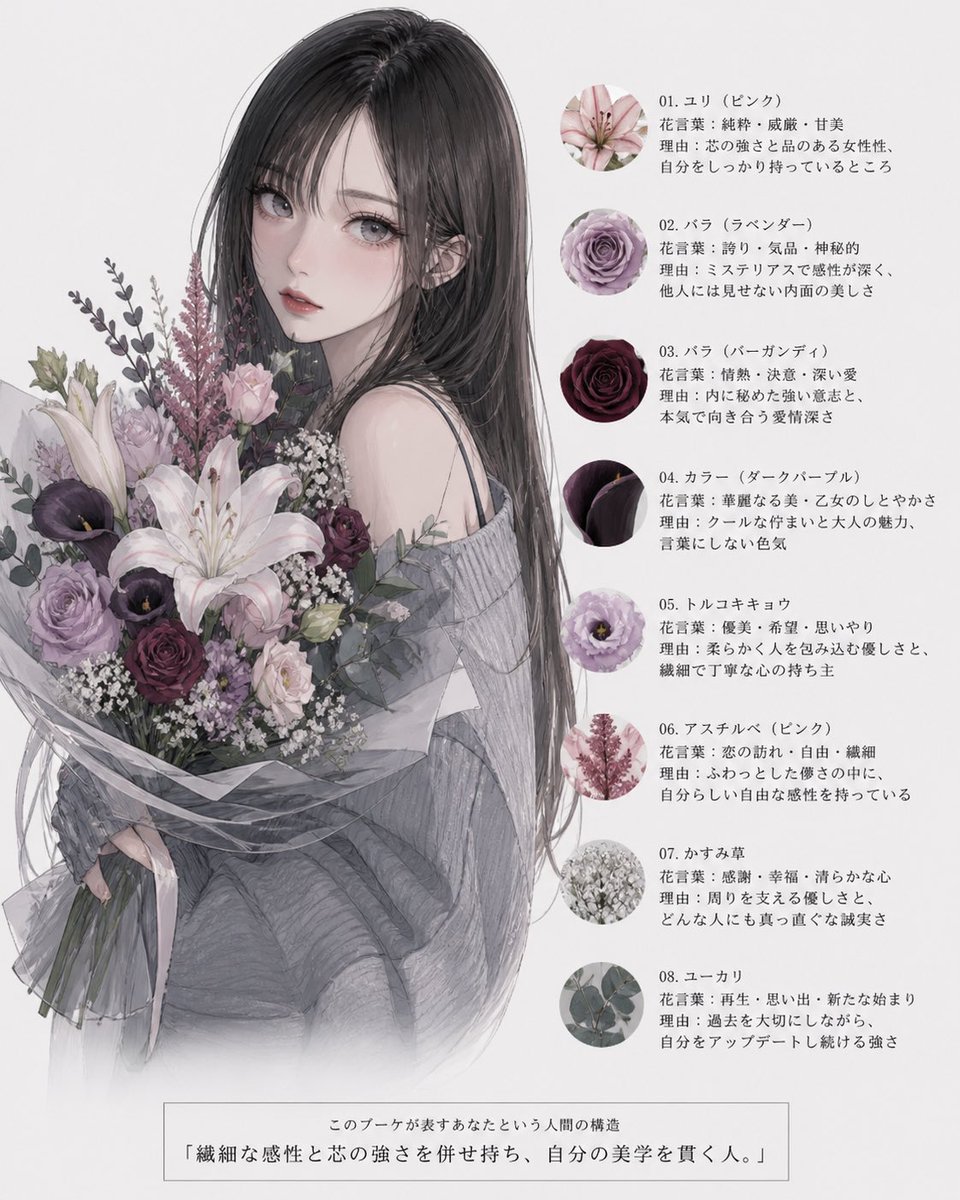 Anime Floral Personality Poster Qwen Image prompt example: A delicate anime-style portrait poster of a woman holding a mauve bouquet with an eight-item Japanese flower meaning...