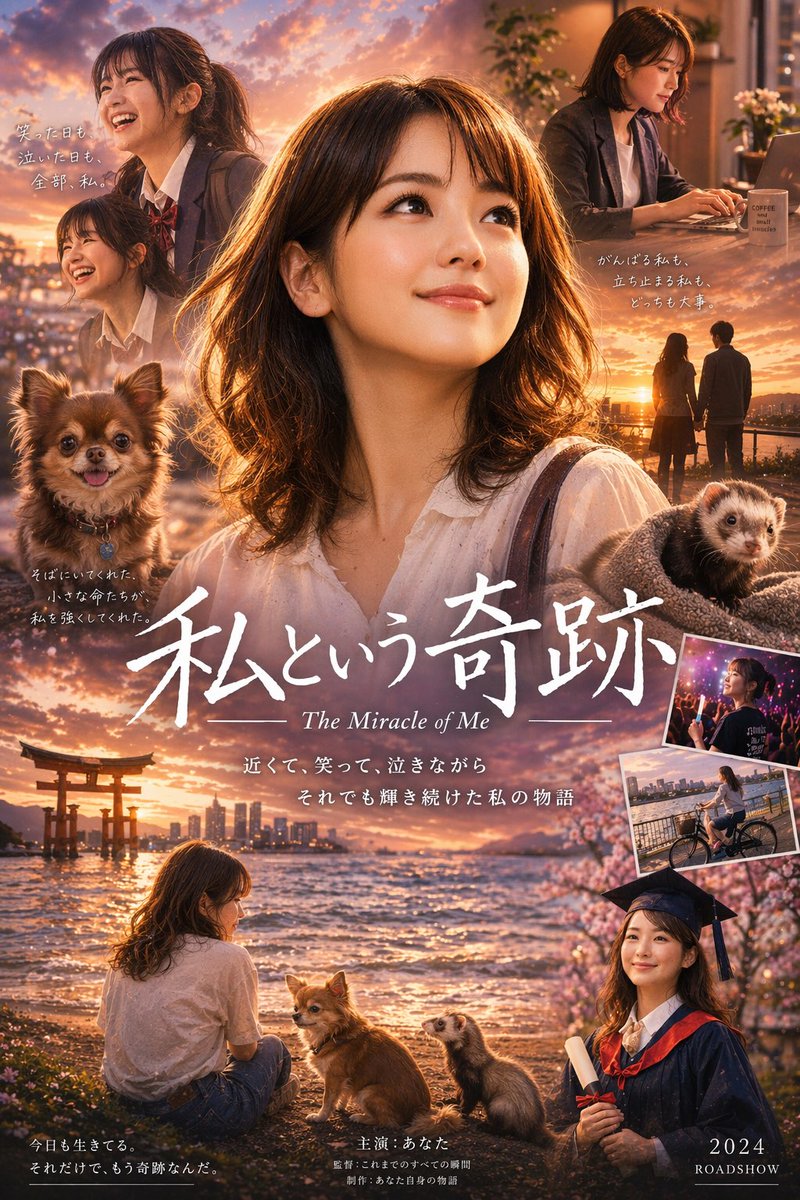 Japanese Drama Collage Film Poster 的 Qwen Image 提示词示例图:A cinematic Japanese-style movie poster showing a young woman's life story through a warm sunset collage, ideal for...