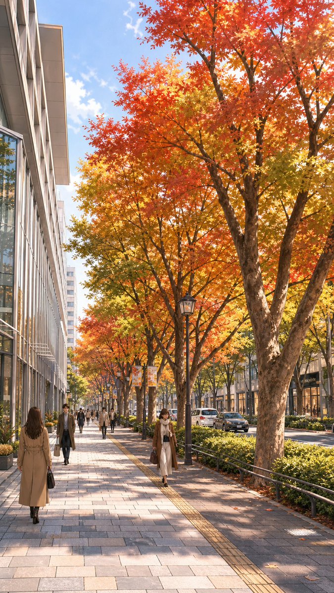 Google Maps Street to Autumn Illustration Qwen Image prompt example: This prompt turns a Google Maps street-view reference into a clean illustrated city scene with bright autumn...