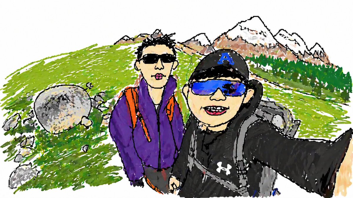 Hiking Photo to Marker Sketch 的 Qwen Image 提示词示例图：This prompt turns a reference hiking photo into a casual hand-drawn ink-and-marker sketch while preserving the original people,...