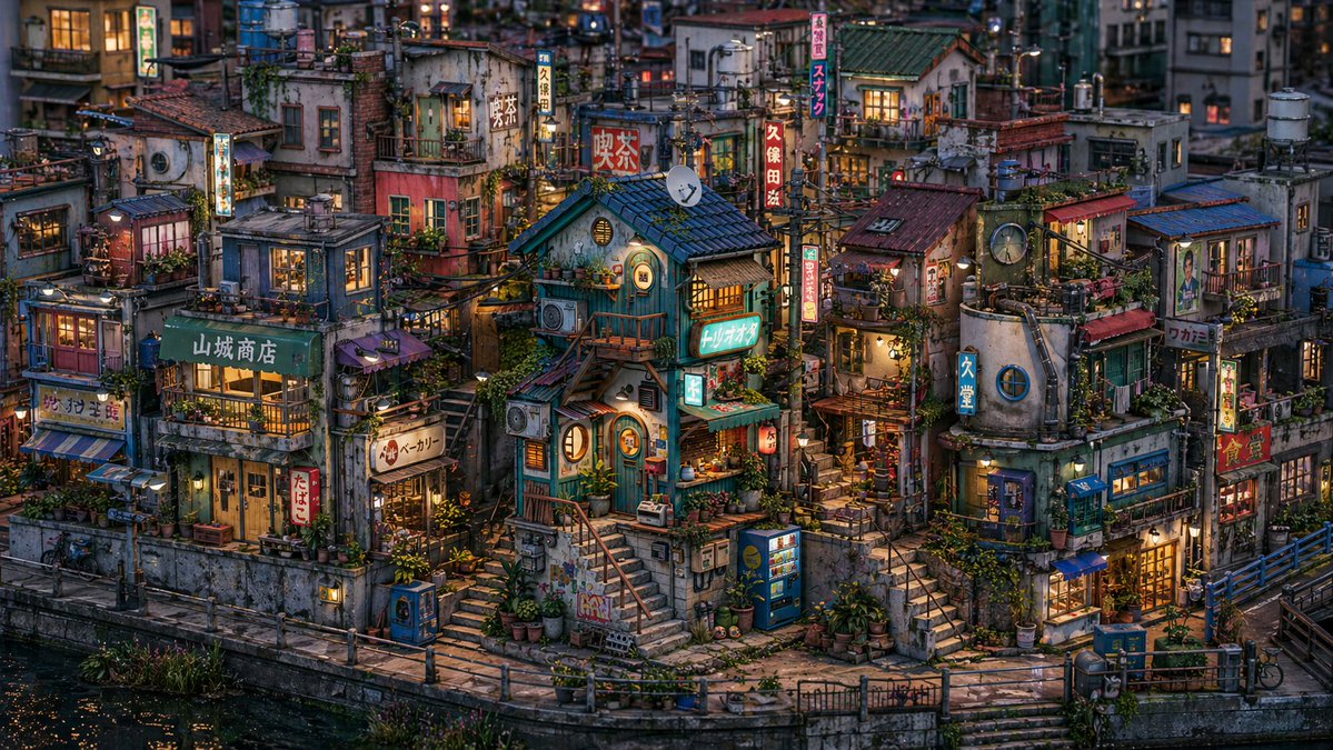 Miniature Japanese Canal Town at Dusk のQwen Imageプロンプト例: This generates a highly detailed cozy retro Japanese canal-side city diorama, ideal for cinematic background art, concept...