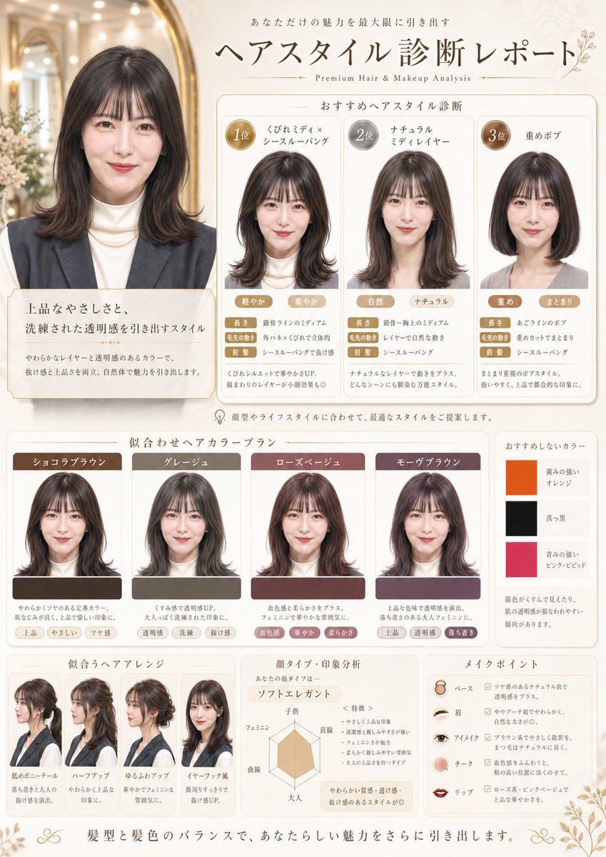Japanese Hair Diagnosis Salon Poster Qwen Image prompt example: This prompt transforms a single portrait into a premium Japanese salon-style hairstyle analysis report layout for...