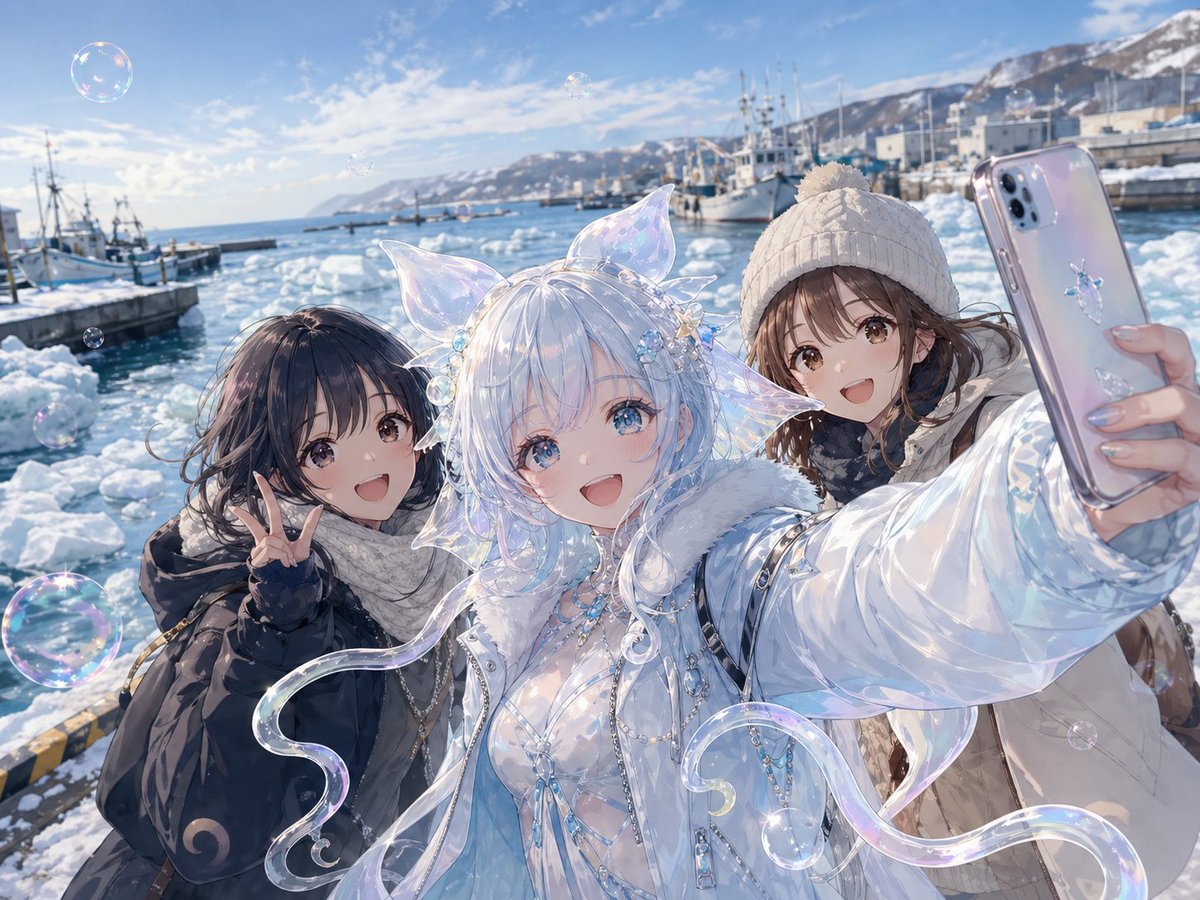Shiretoko Bubble Clione Selfie Qwen Image 프롬프트 예시: A polished anime winter harbor group selfie featuring a translucent fantasy Clione girl and two bundled-up friends, ideal for...
