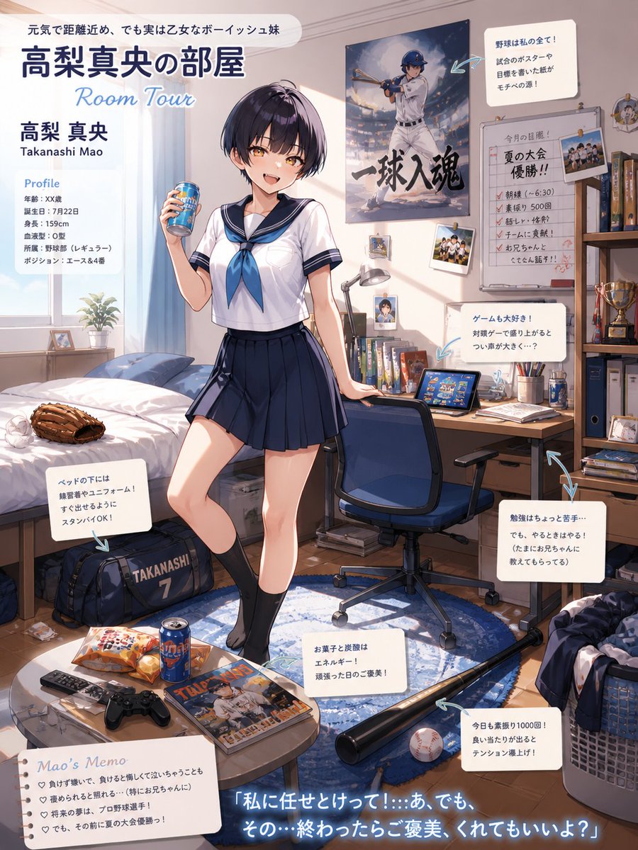 Anime Baseball Sister Room Tour Qwen Image prompt example: A polished anime-style character room profile poster showing a boyish baseball-loving schoolgirl in her bedroom, ideal...