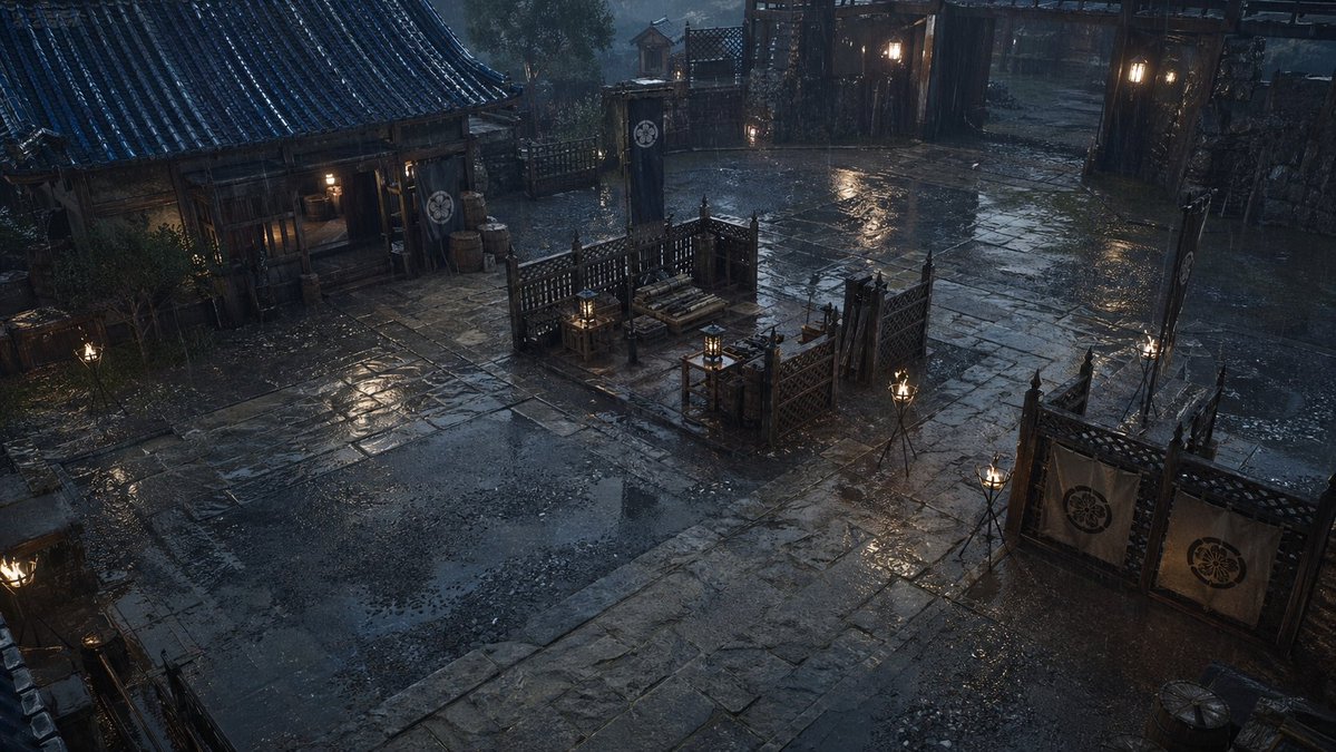 Rainy Feudal Japan Courtyard Qwen Image 프롬프트 예시: A cinematic photorealistic night scene of a rain-soaked samurai-era Japanese courtyard, ideal for historical atmosphere, film...