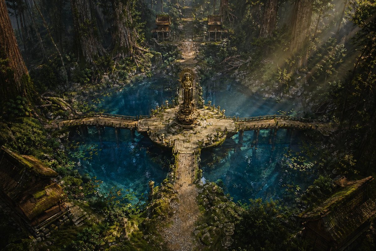 Ancient Forest Shrine Over Blue Spring GPT Image 2 prompt example: This generates a cinematic fantasy sanctuary hidden in a giant forest, ideal for concept art, matte painting,...