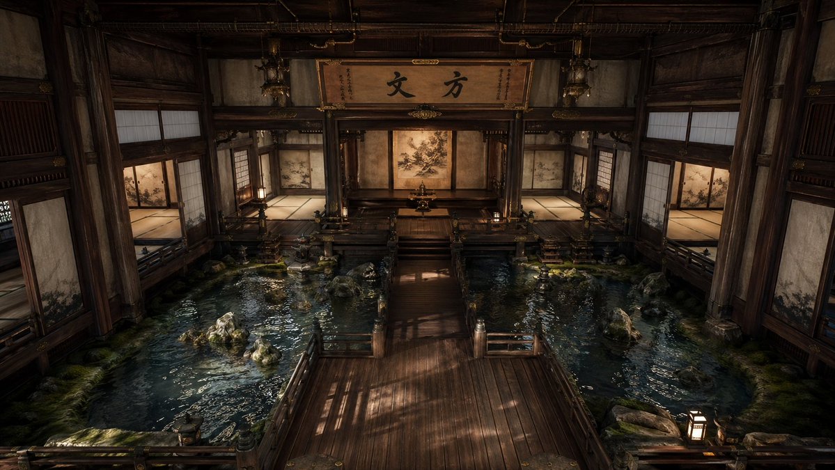 Cinematic Japanese Temple Hall GPT Image 2 prompt example: A photorealistic prompt for generating a serene traditional Japanese interior with indoor pools, wooden walkways, and...