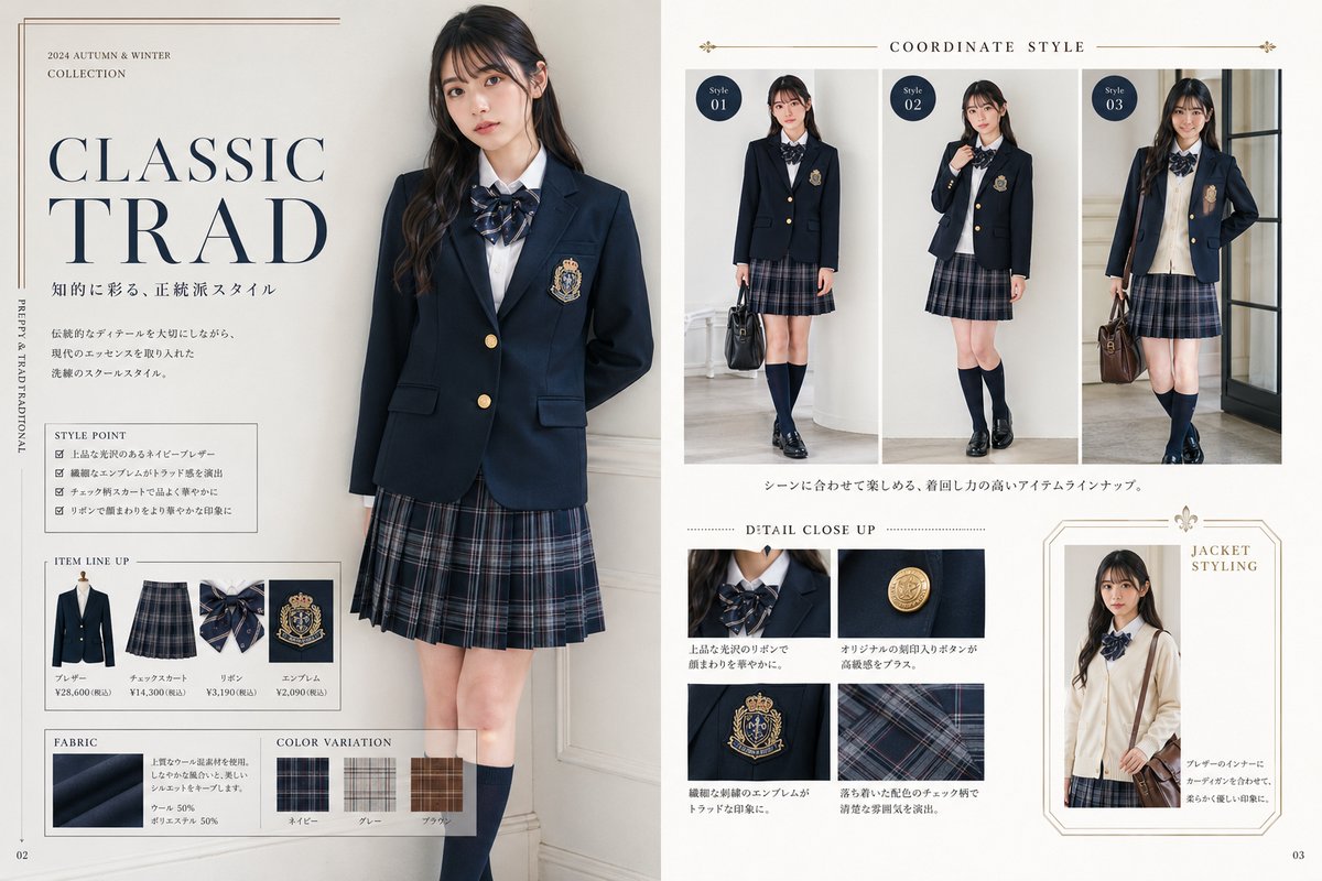 Luxury Navy School Uniform Catalog Qwen Image prompt example variation 2: A premium Japanese fashion poster showcasing a classic navy school uniform with pose views, detail...