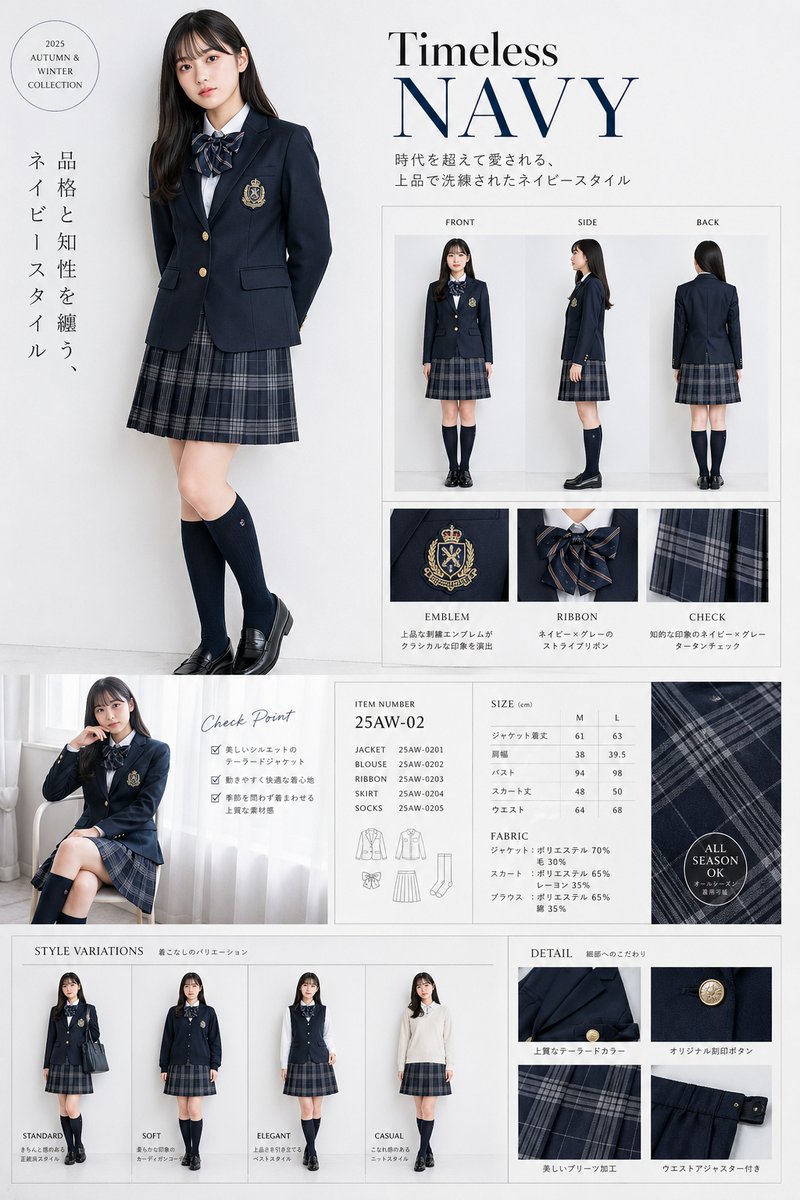 Luxury Navy School Uniform Catalog Qwen Image prompt example: A premium Japanese fashion poster showcasing a classic navy school uniform with pose views, detail callouts, size...