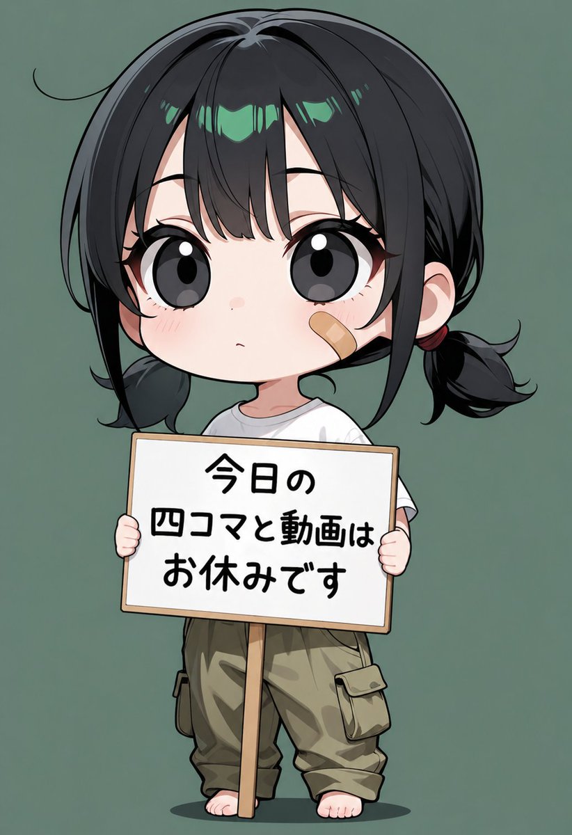 Chibi Girl Holding Japanese Notice Sign Qwen Image prompt example: This generates a minimalist full-body chibi anime character holding a Japanese announcement placard, ideal for...