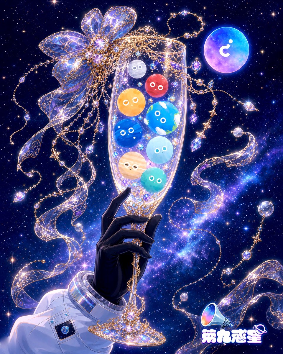 Celestial Planet Champagne Fan Art Qwen Image prompt example: A glamorous anime-style cosmic fan art illustration of jeweled planets inside an ornate champagne flute, ideal for...