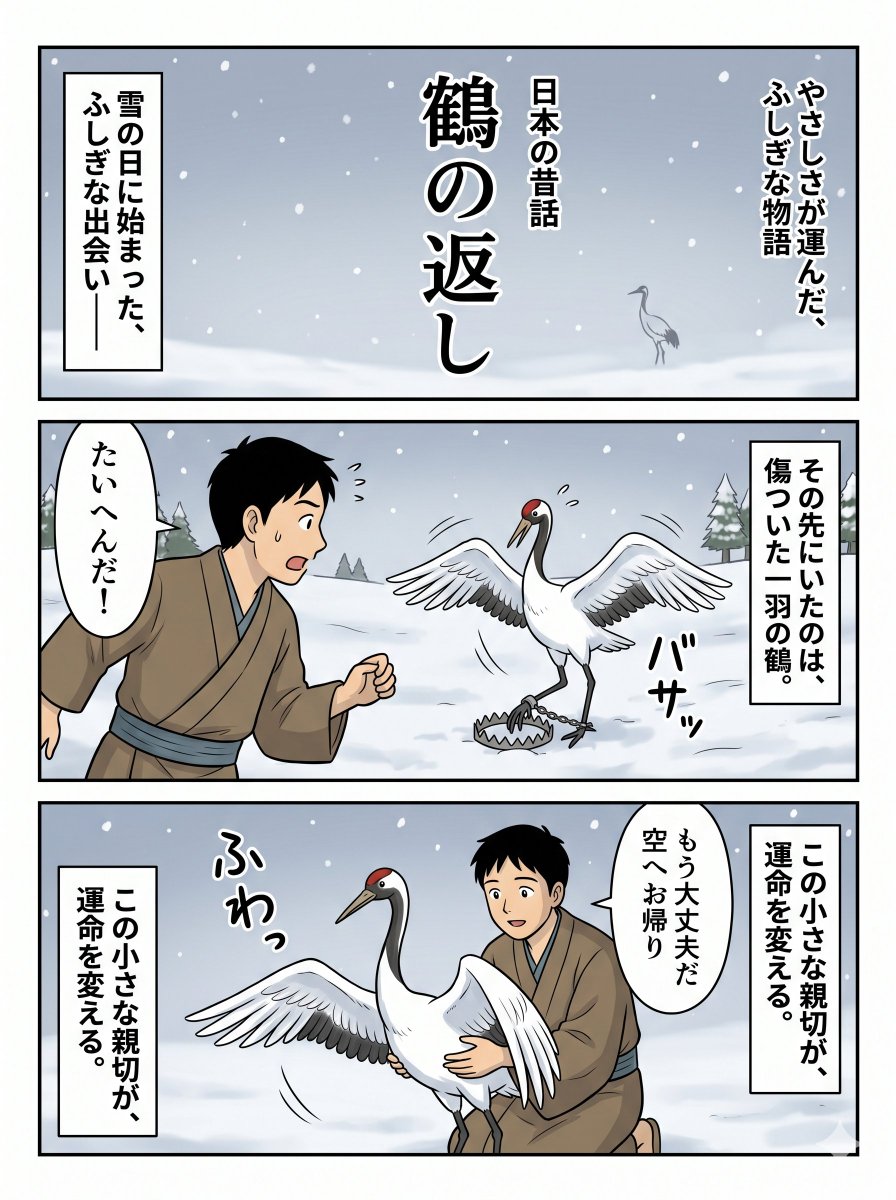 Japanese Folktale Crane Manga Page Qwen Image prompt example: A three-panel Japanese manga-style folktale page showing a snowy encounter between a young man and an injured crane,...