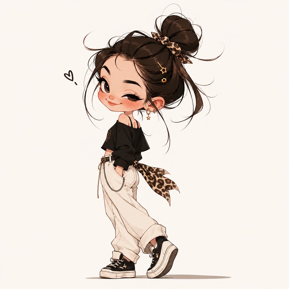 Chibi Fashion Girl With Leopard Accents GPT Image 2 prompt example: This generates a polished full-body chibi fashion illustration of a trendy girl with a messy bun, oversized...
