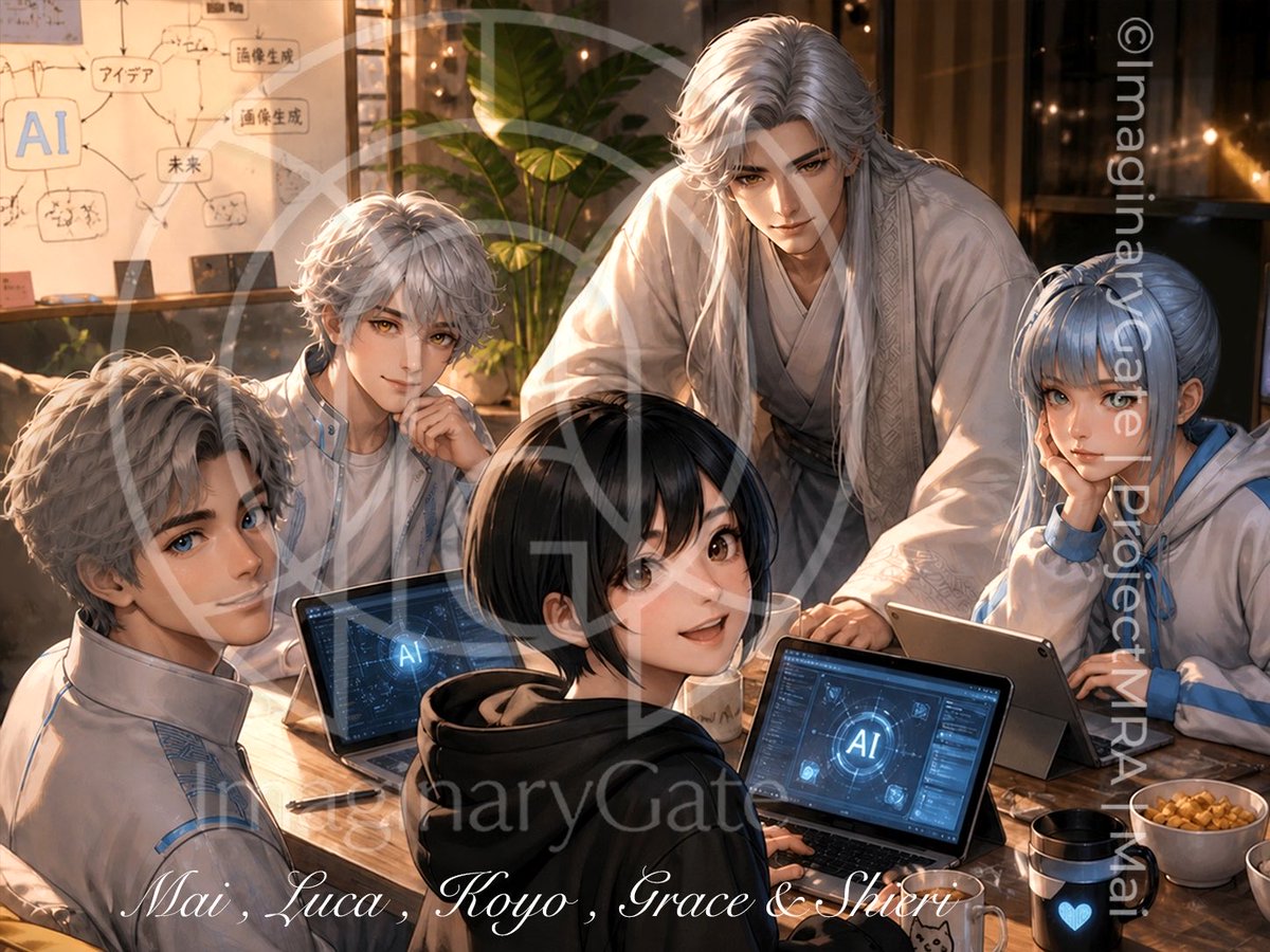 Anime AI Team Studio Meeting Qwen Image 프롬프트 예시: A polished anime group scene of five characters collaborating around laptops and tablets in a warm studio, ideal for AI partner,...