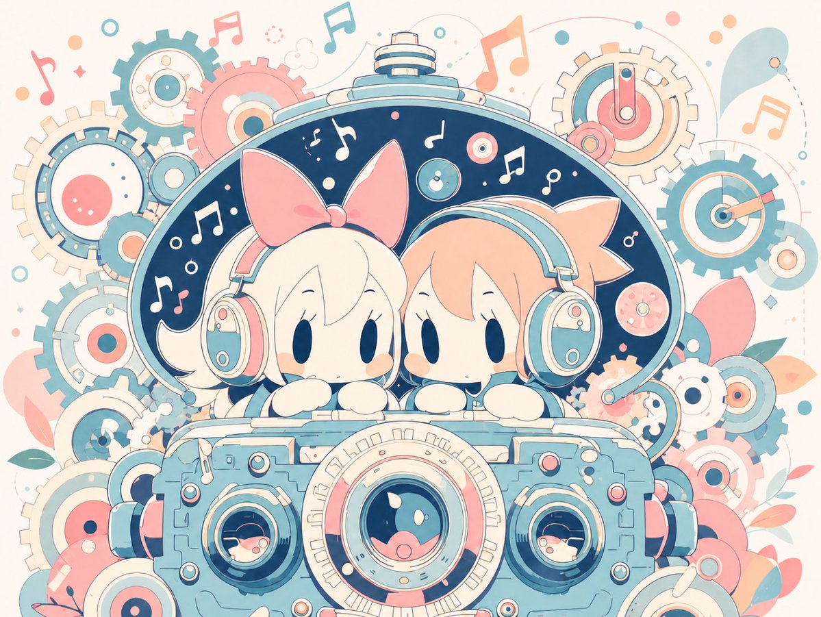 Milky Pastel Chibi Music Camera Twins Qwen Image prompt example: This generates a soft pastel kawaii anime artwork of two headphone-wearing chibi girls framed by a retro camera,...