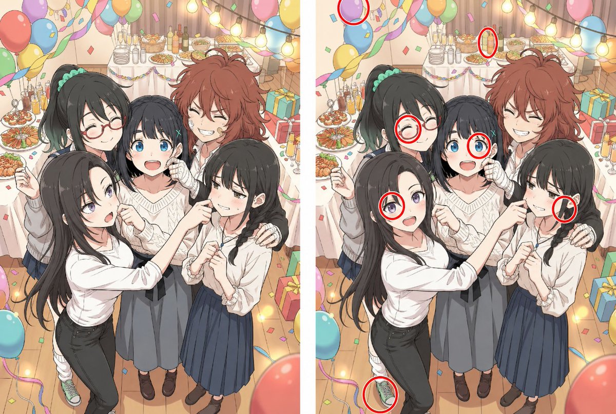 Anime Party Spot the Difference のQwen Imageプロンプト例: A side-by-side anime party illustration designed as a spot-the-difference puzzle, ideal for social posts, visual quizzes, and...