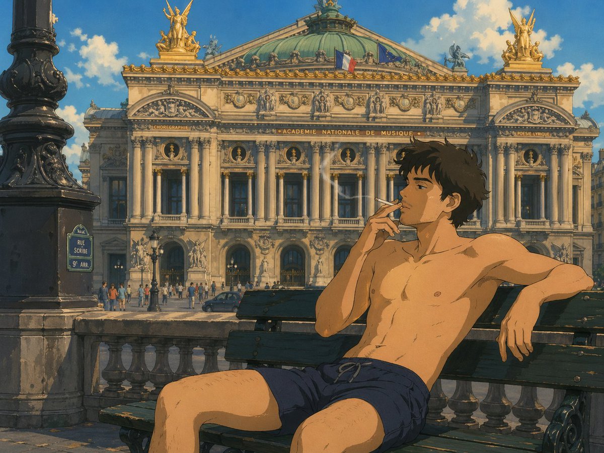 Ghibli-Style Man at Opéra Garnier のQwen Imageプロンプト例: A Studio Ghibli-inspired anime scene of a shirtless man smoking on a bench before the Opéra Garnier, ideal for cinematic...