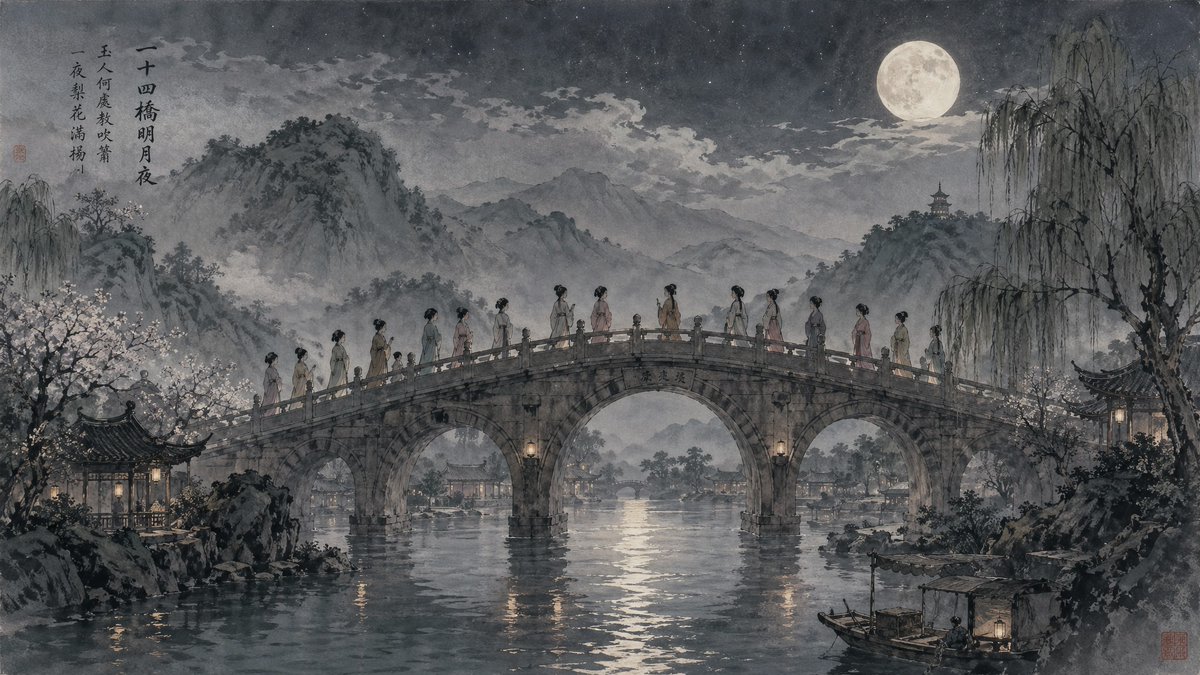 Moonlit Twenty-Four Bridges Painting Qwen Image prompt example: This generates a panoramic classical Chinese-style moonlit bridge landscape with 14 robed figures, ideal for...