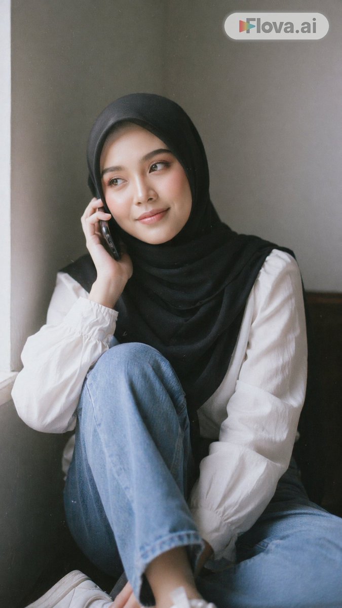 Moody Hijab Phone Portrait GPT Image 2 prompt example variation 2: A realistic editorial-style portrait of a hijab-wearing woman sitting casually indoors on a phone call, ideal...