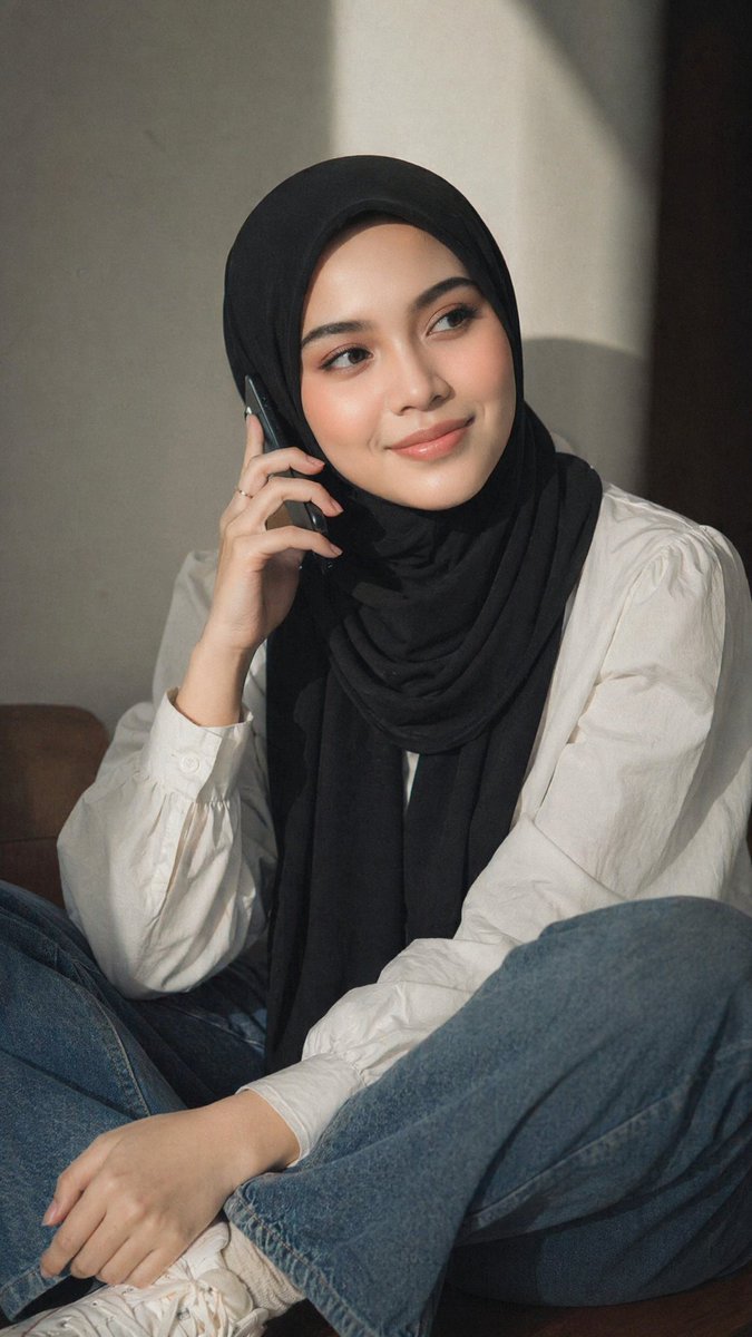 Moody Hijab Phone Portrait GPT Image 2 prompt example: A realistic editorial-style portrait of a hijab-wearing woman sitting casually indoors on a phone call, ideal for modest...