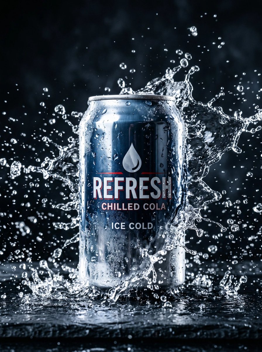 Ice-Cold Cola Splash Ad 的 GPT Image 2 提示词示例图：A dramatic commercial beverage product shot showing a chilled soda can with a frozen water splash, ideal for e-commerce or...