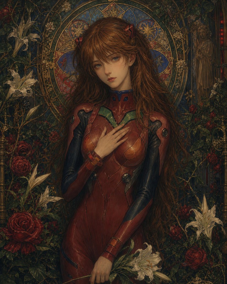 Gothic Stained-Glass Mecha Portrait Qwen Image prompt example: This generates a dark, painterly anime-inspired saintlike portrait in a red sci-fi suit, ideal for dramatic...